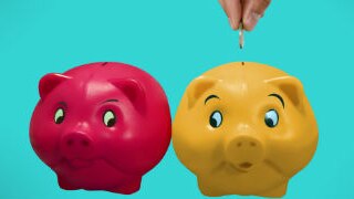 Two piggy banks with a hand feeding a coin into one.