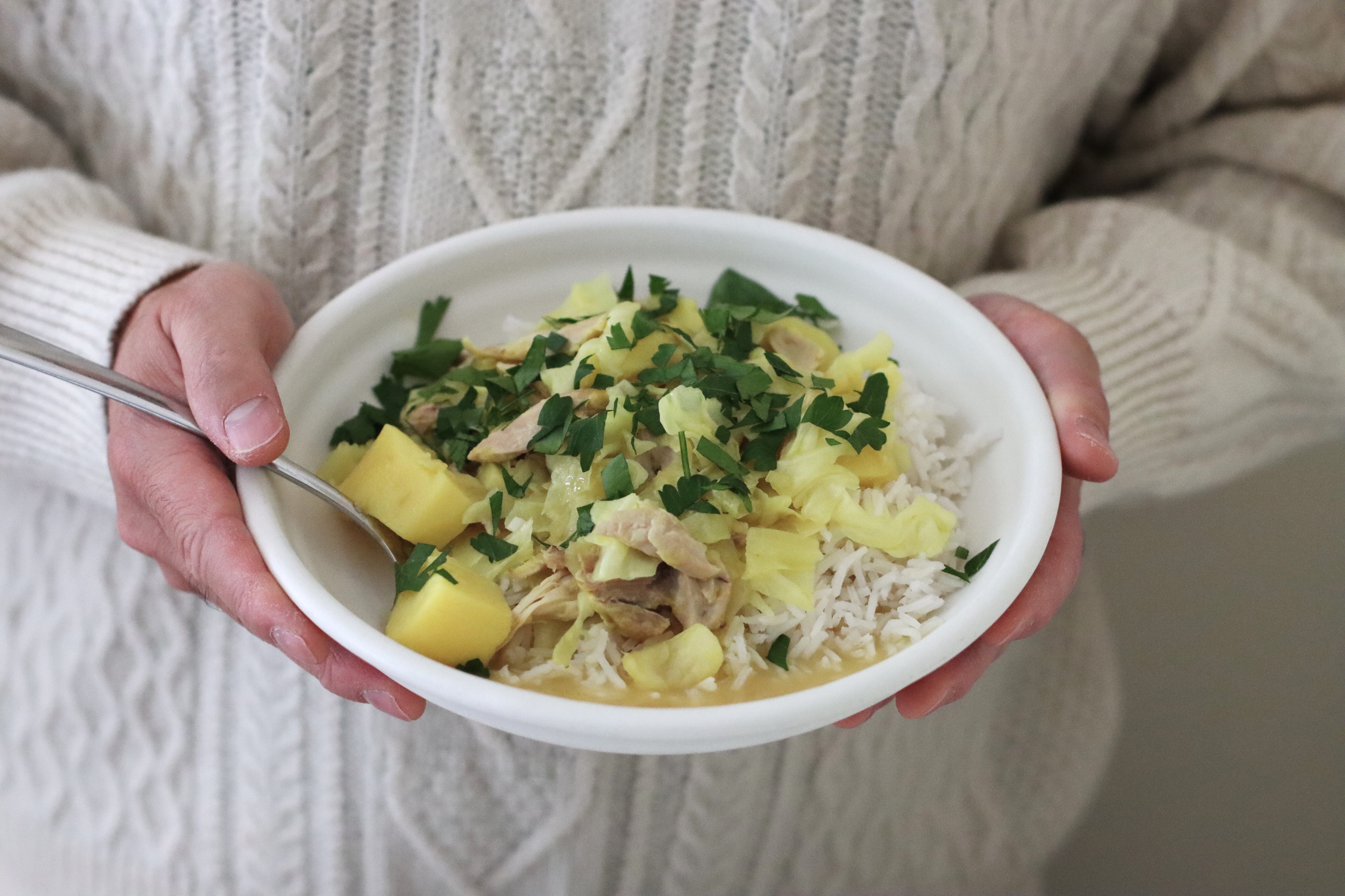 Cheap and cheerful chicken stew full of veggies, ginger and turmeric