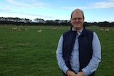 Dr Jason Trompf stands in a paddock of sheep.