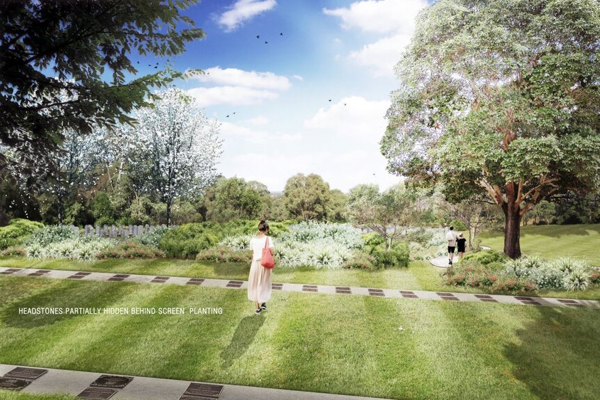 An illustration of a woman looking at plaques on the ground and headstones partially hidden by gardens in the background