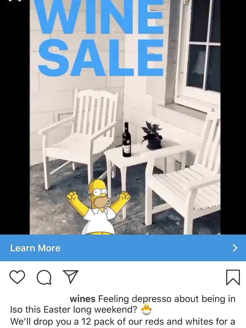 An alcohol advertisement displaying a wine sale with a caption that read, "Feeling depresso about being Iso this Easter"