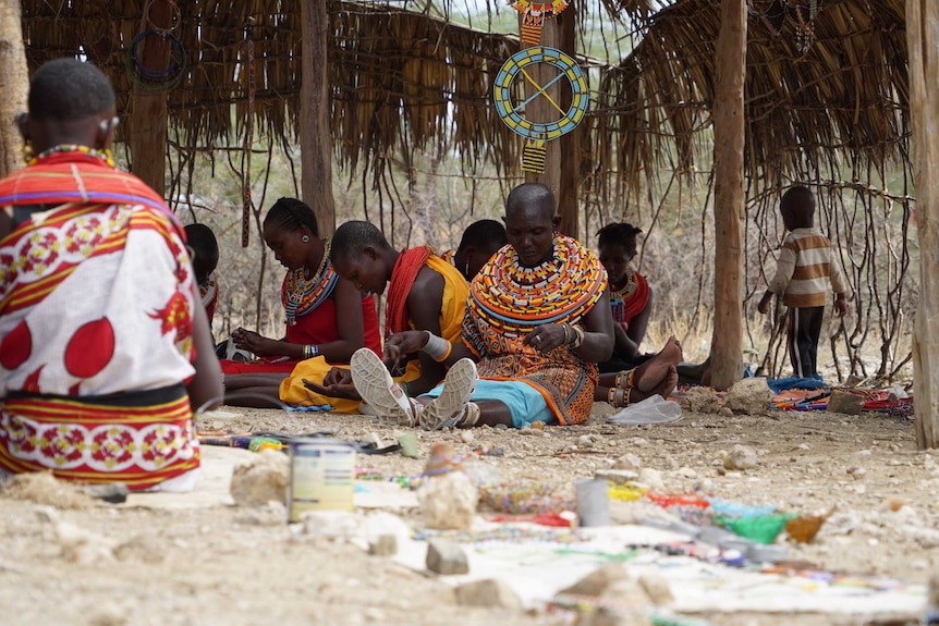 Some of the women from Unity village making ornaments from beads