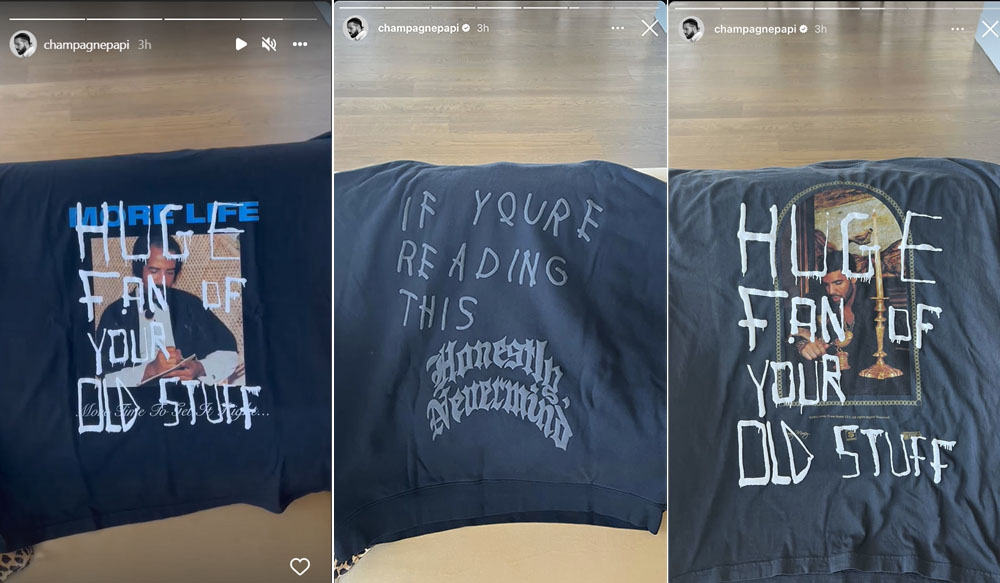 three-panel image from Drake's Instagram stories of jackets reading 'Huge Fan Of Your Old Stuff'