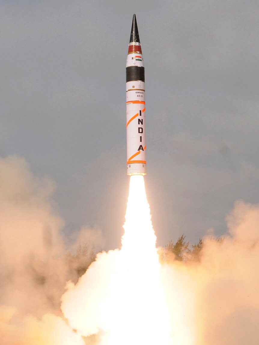 A surface-to-surface Agni V missile is launched from off the eastern Indian state of Odisha