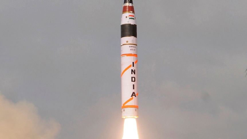 A surface-to-surface Agni V missile is launched from off the eastern Indian state of Odisha