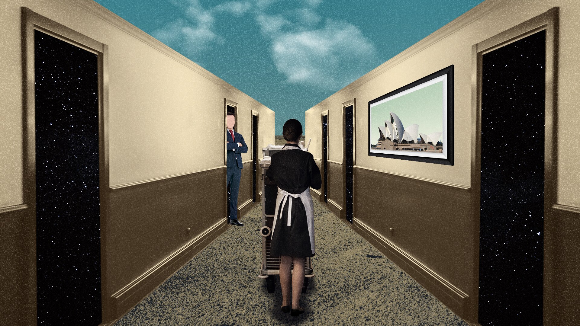 A graphic of a housekeeper walking down a hallway.