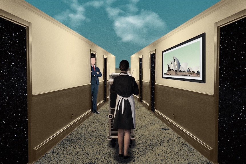 A graphic of a housekeeper walking down a hallway.