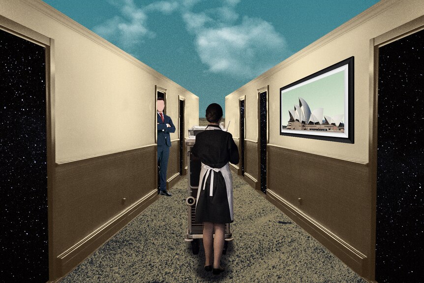 A graphic of a housekeeper walking down a hallway.