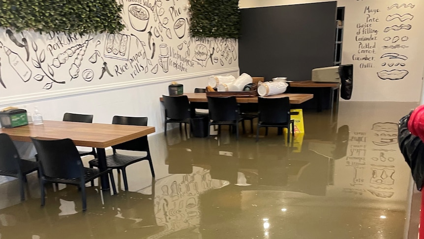 The interior of Francis Chung's flooded restaurant.