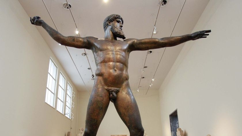 A huge 5th Century bronze statue of Poseidon, which was salvaged from the sea off Greece
