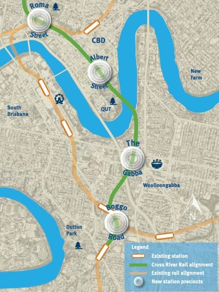 A map showing where the line and stations for the Brisbane Cross River Rail would go