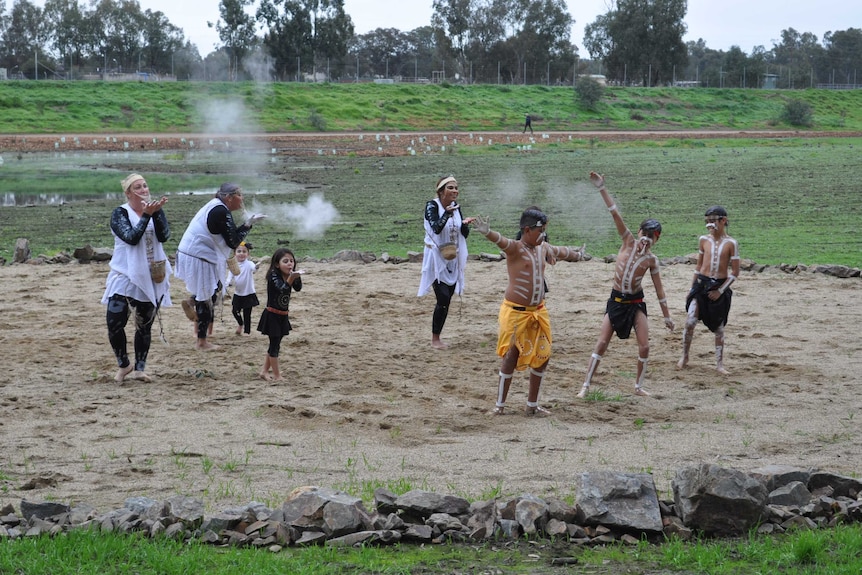 Wiradjuri dancers at the Marrambidya wetlands open day in Wagga Wagga.