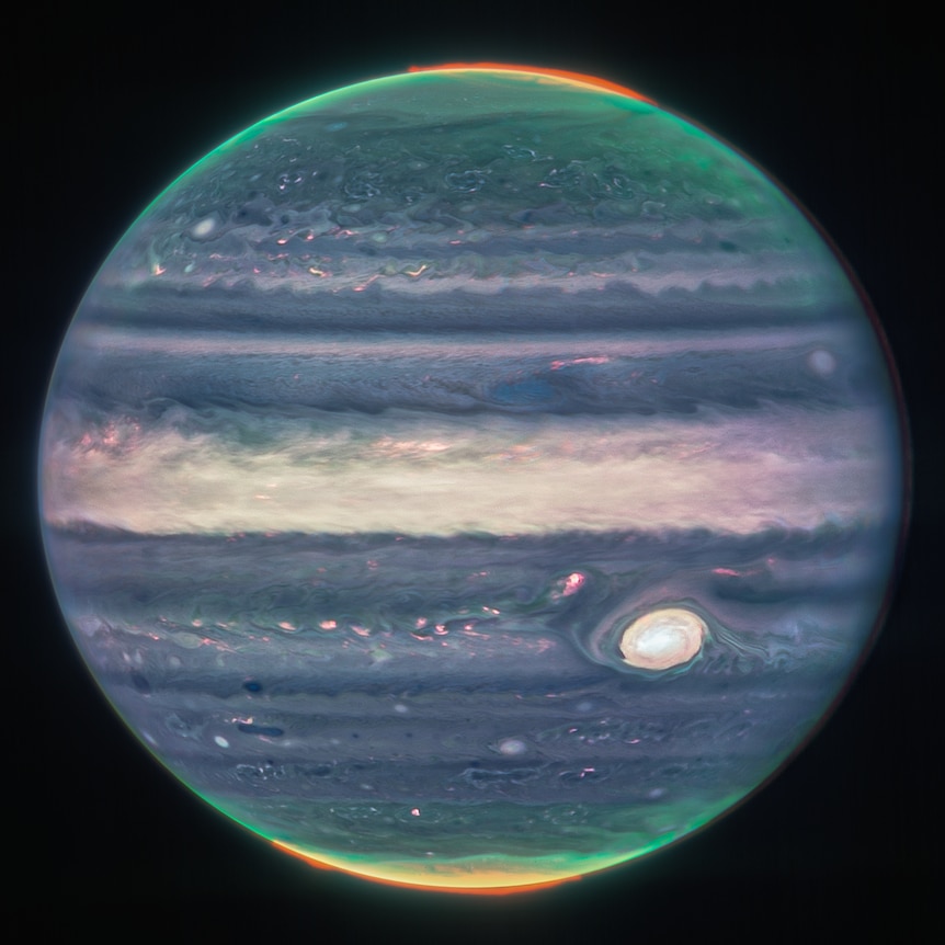 A picture of Jupiter with green and blue colouring