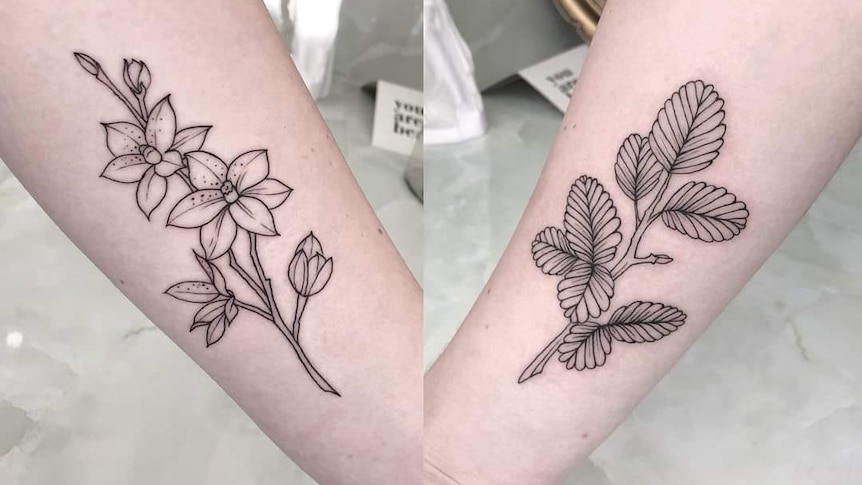 Two photos of tattoed arms, one tattoed with an orchid and the other with leaves