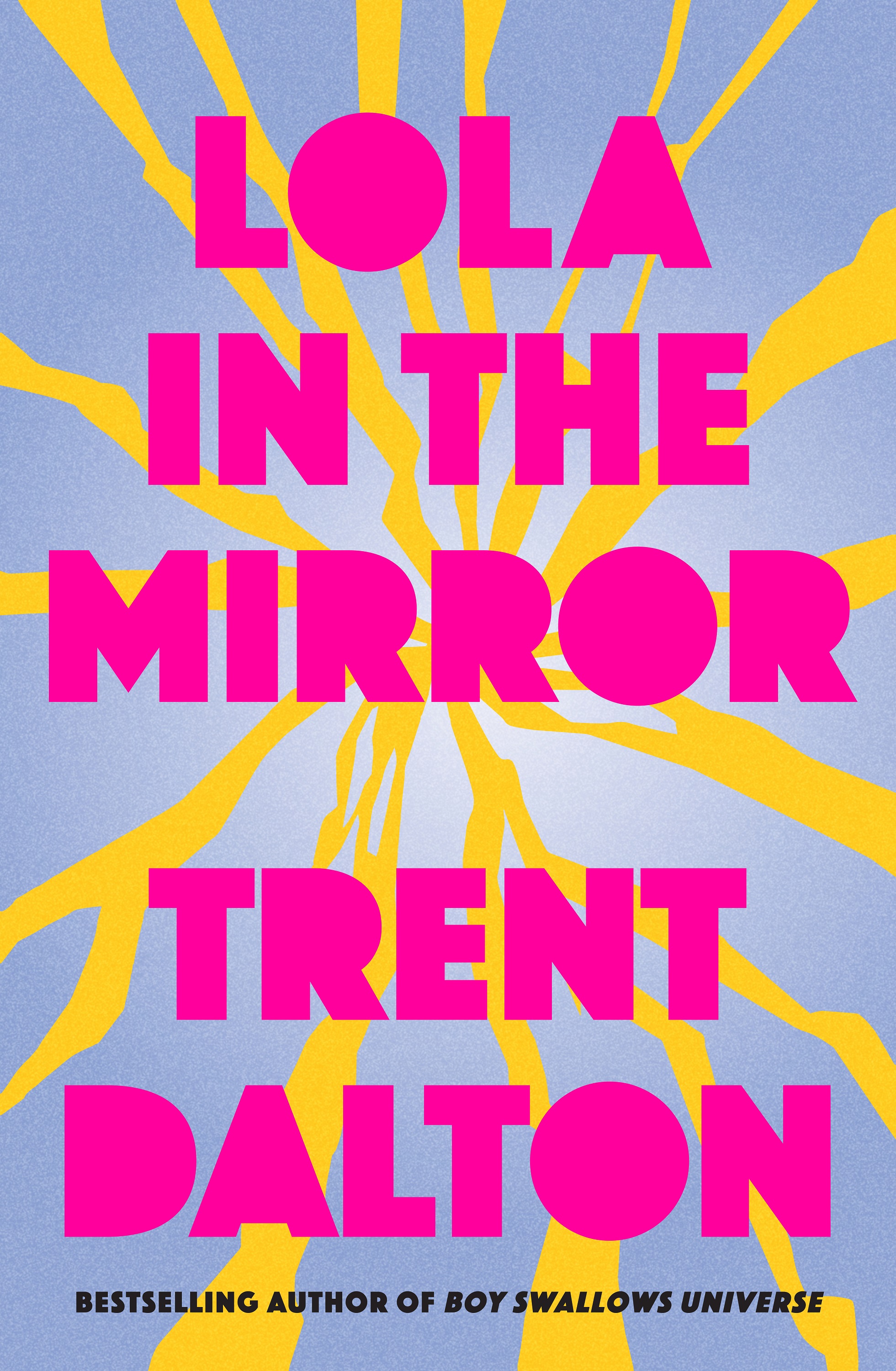 A book cover showing yellow cracks on a light blue background, overlaid by large hot pink text