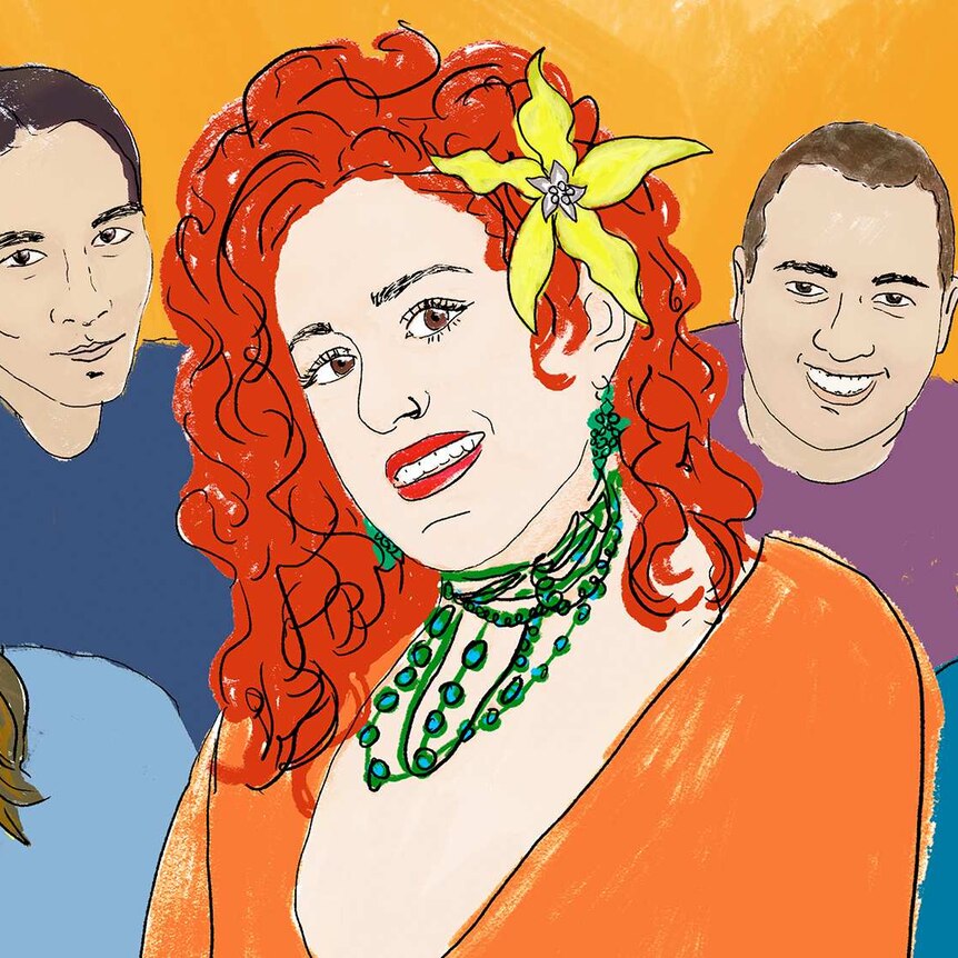 An illustration of the members of Brisbane band George featuring Katie Noonan in the centre