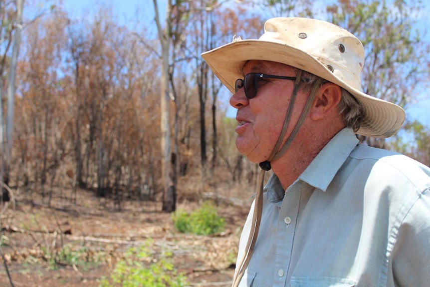 A farmer in a hat standing in front of burnt-out forest