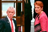 One Nation senator Malcolm Roberts and leader Pauline Hanson look serious after a Senate vote.