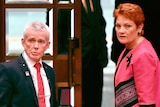 One Nation senator Malcolm Roberts and leader Pauline Hanson look serious after a Senate vote.