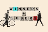 Collage of scrabble letters spelling out winners and losers with a cutout of a man on a bike and a woman in suit walking.