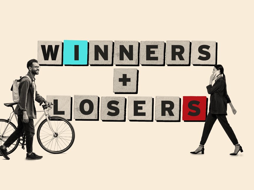 Collage of scrabble letters spelling out winners and losers with a cutout of a man on a bike and a woman in suit walking.