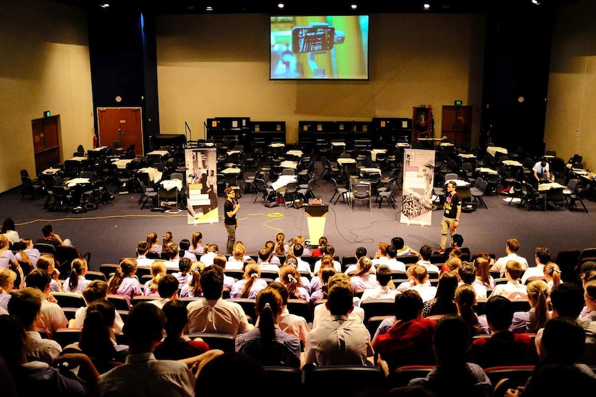 Students at Cannon Hill Anglican College in Brisbane learn about making video content in a lecture theatre.