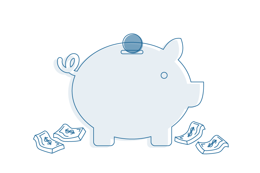 Illustration of piggy bank and money notes on ground.
