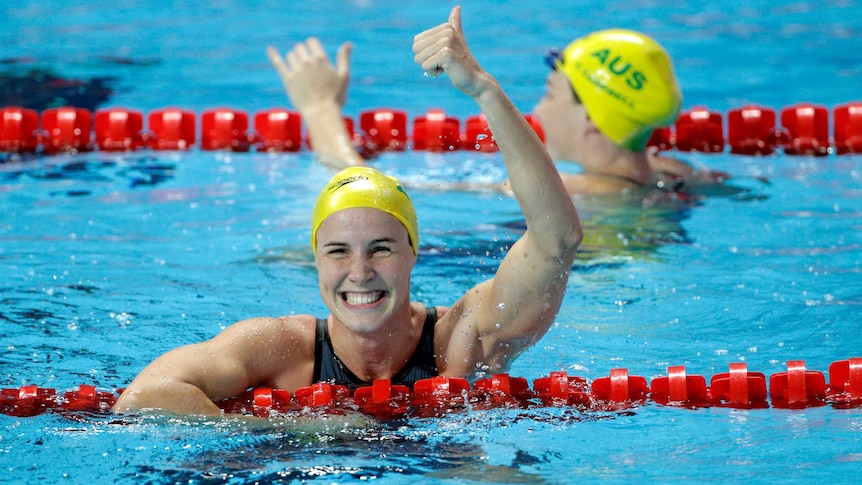 Australia's Bronte Campbell celebrates her win in the 50m freestyle at the world titles in Kazan.