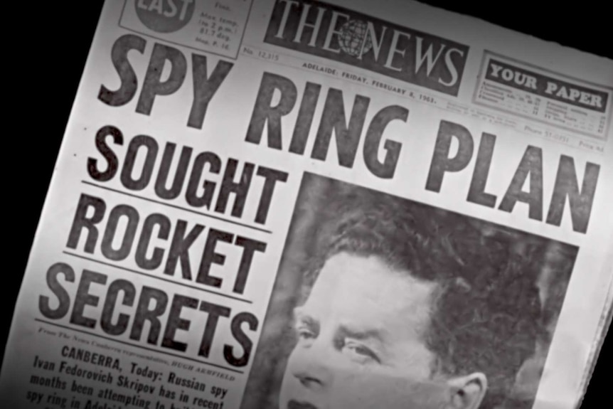 A newspaper headline from the 1960s says reads "Spy ring plan sought rocket secrets".