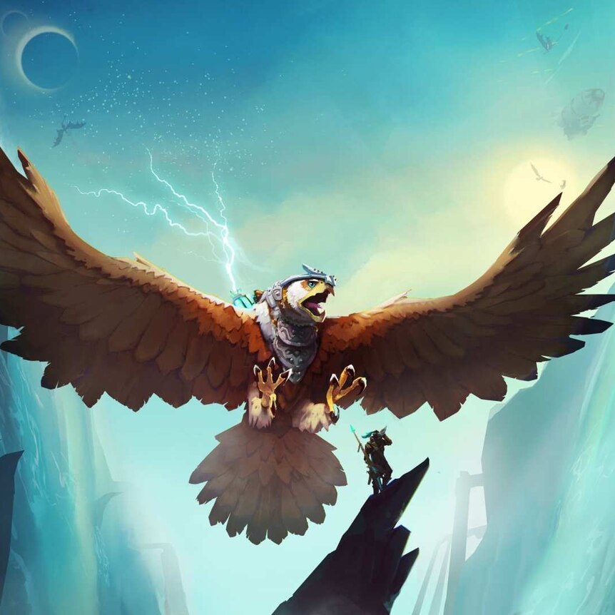 A giant falcon with its wings spread, behind a smaller human pilot. Background is a mix of oceans, islands, and the sky at dusk.
