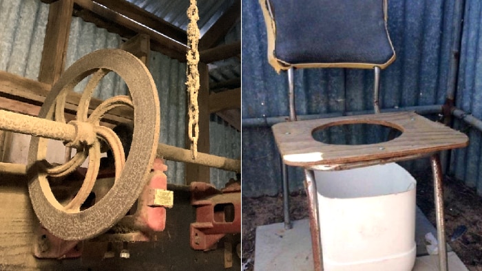 A composite image of old shearing equipment and an outdoor toilet.