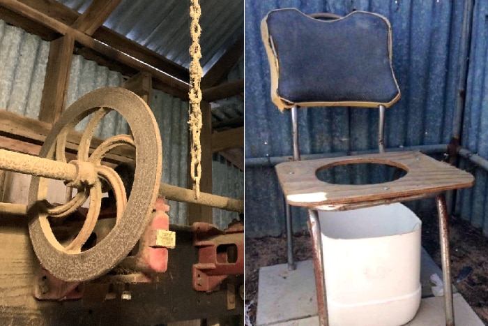 A composite image of old shearing equipment and an outdoor toilet.