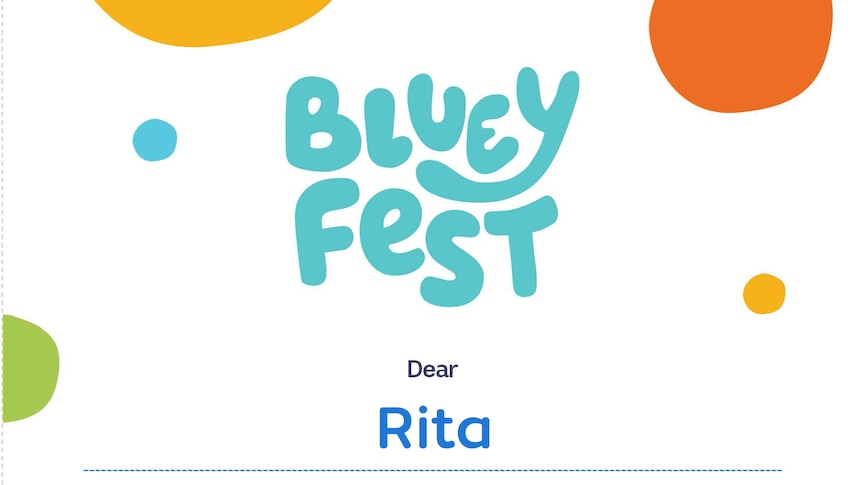 Screenshot of Bluey Fest invitation with colourful dots and copy on a white background.