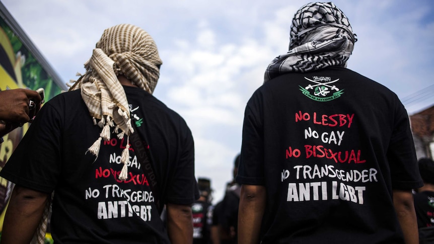 Anti-LGBT Muslim group marching to blockade pro-LGBT protesters in Yogyakarta, in Java island.