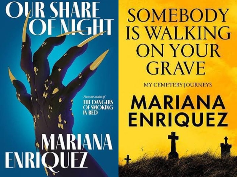 Composite of two books: one with a blue cover and a black hand, the other yellow with black gravestones