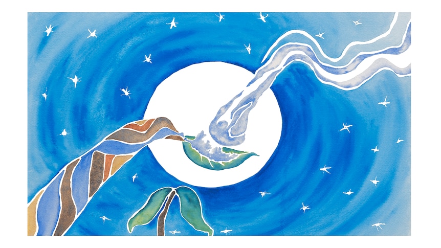 a watercolour in blue where water flows from a leaf to the sky.
