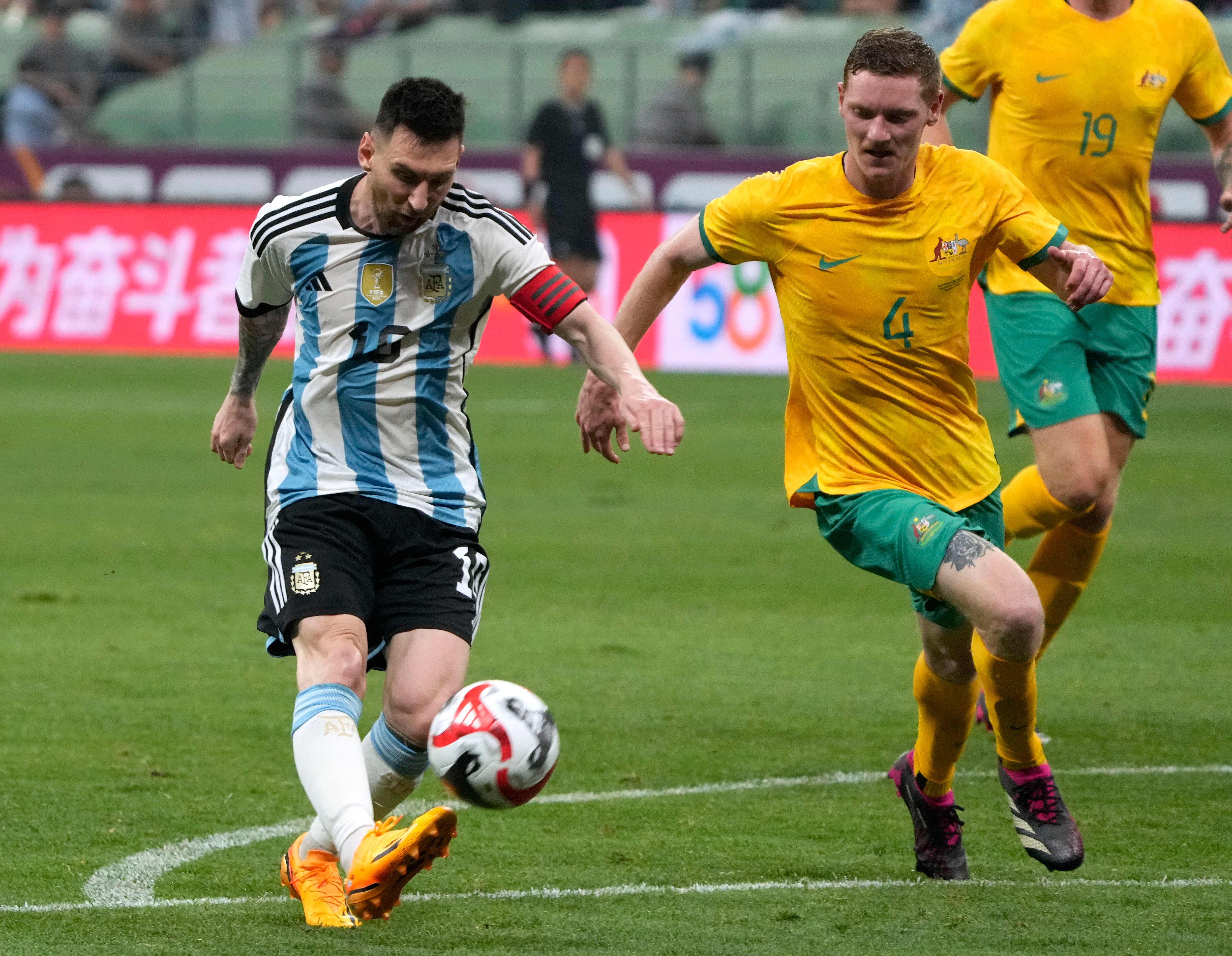 Argentina's Lionel Messi shoots the ball at the goal.