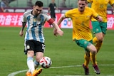 Argentina's Lionel Messi shoots the ball at the goal.