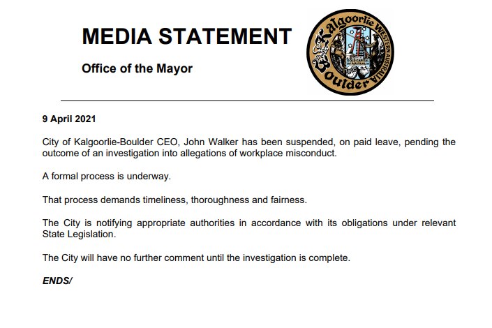 A copy of a media statement issued by the City of Kalgoorlie-Boulder.
