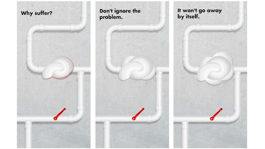 Ads show illustrations of blocked pipes with the text "Why suffer?, "Don't ignore the problem" and "It won't go away by itself"