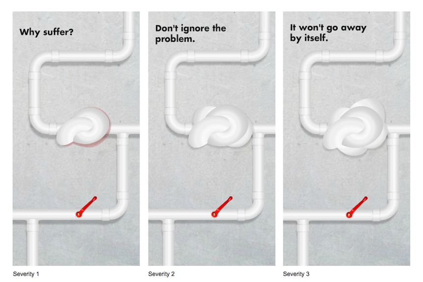 Ads show illustrations of blocked pipes with the text "Why suffer?, "Don't ignore the problem" and "It won't go away by itself"