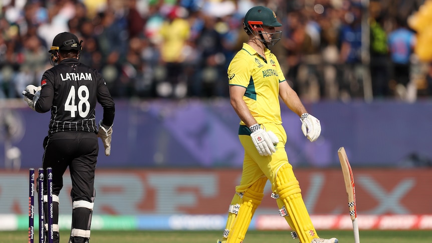 An Australian batsman lets his bat drop to the ground in disappointment after being dismissed in a match.