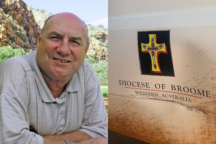 A profile shot of the bishop next to a church logo on a car