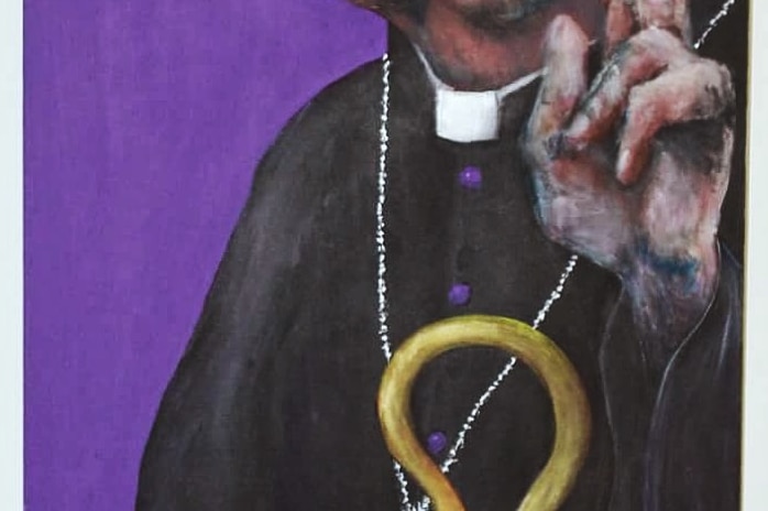 A detail of Pat Hudson's painting of Cardinal George Pell.