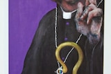 A detail of Pat Hudson's painting of Cardinal George Pell.