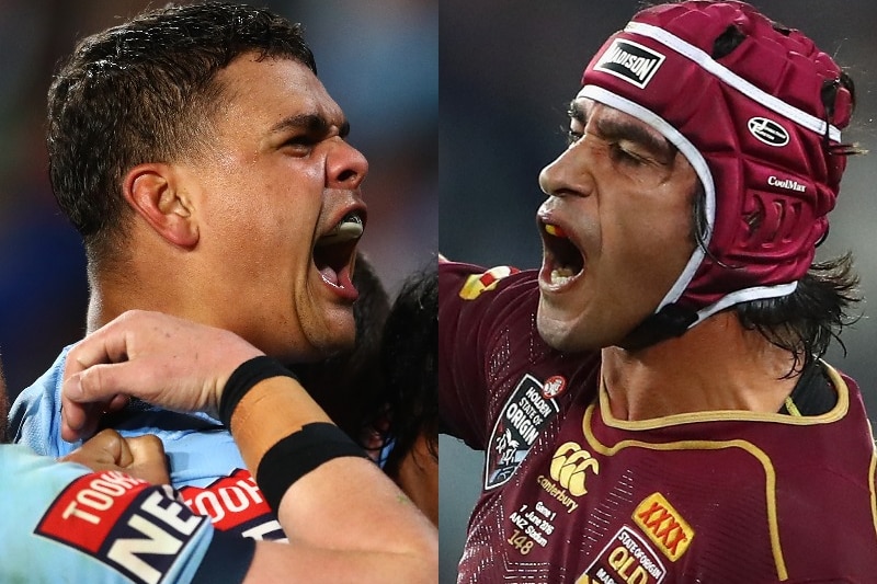A composite image of Latrell Mitchell and Johnathan Thurston in Origin gear