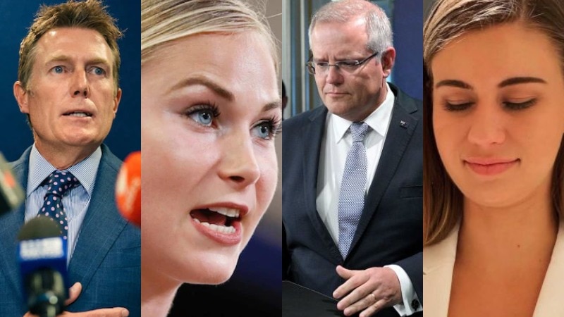 A composite image of Christian Porter, Grace Tame, Scott Morrison and Brittany Higgins.