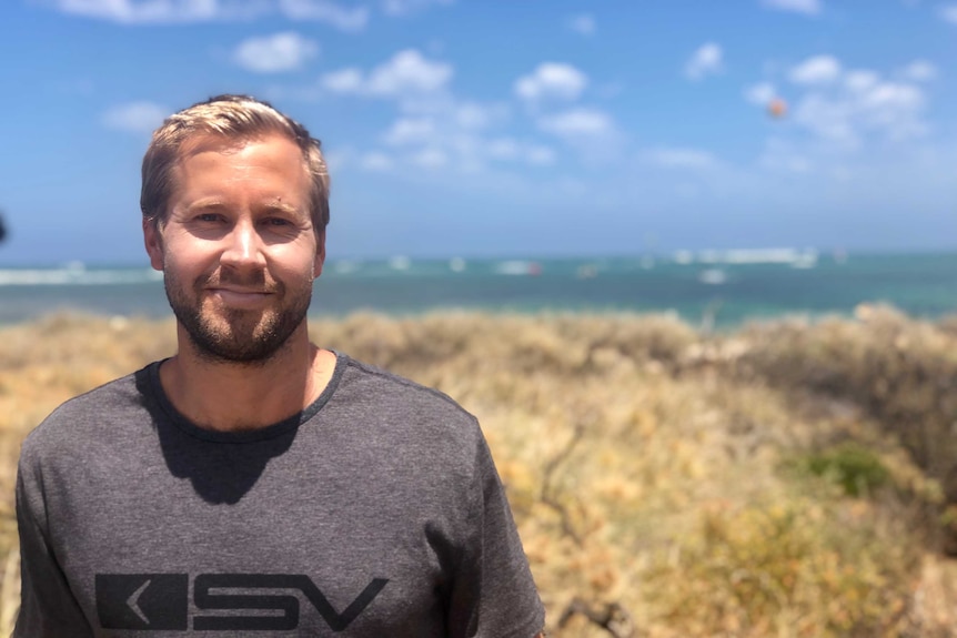 Windsurfing professional Jaeger Stone at Coronation Beach, north of Geraldton at the 2018 Wavesailing Nationals.