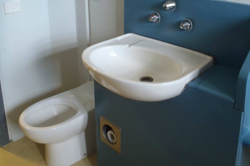 A prison cell is shown including a mirror, a basin and a toilet without a seat.