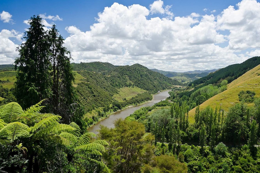 A long river cuts a valley through a forested landscape.